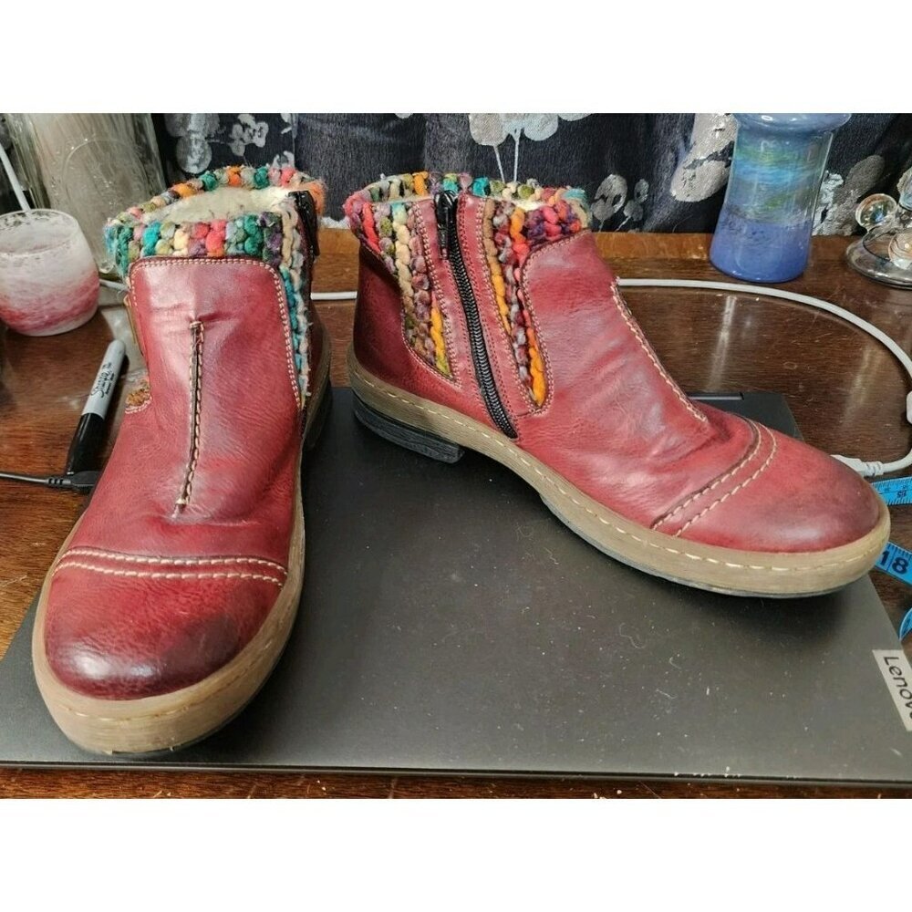 Rieker Felicitas Ankle Boot Red Leather Slip On Bootie Women's Size 39 - US 8